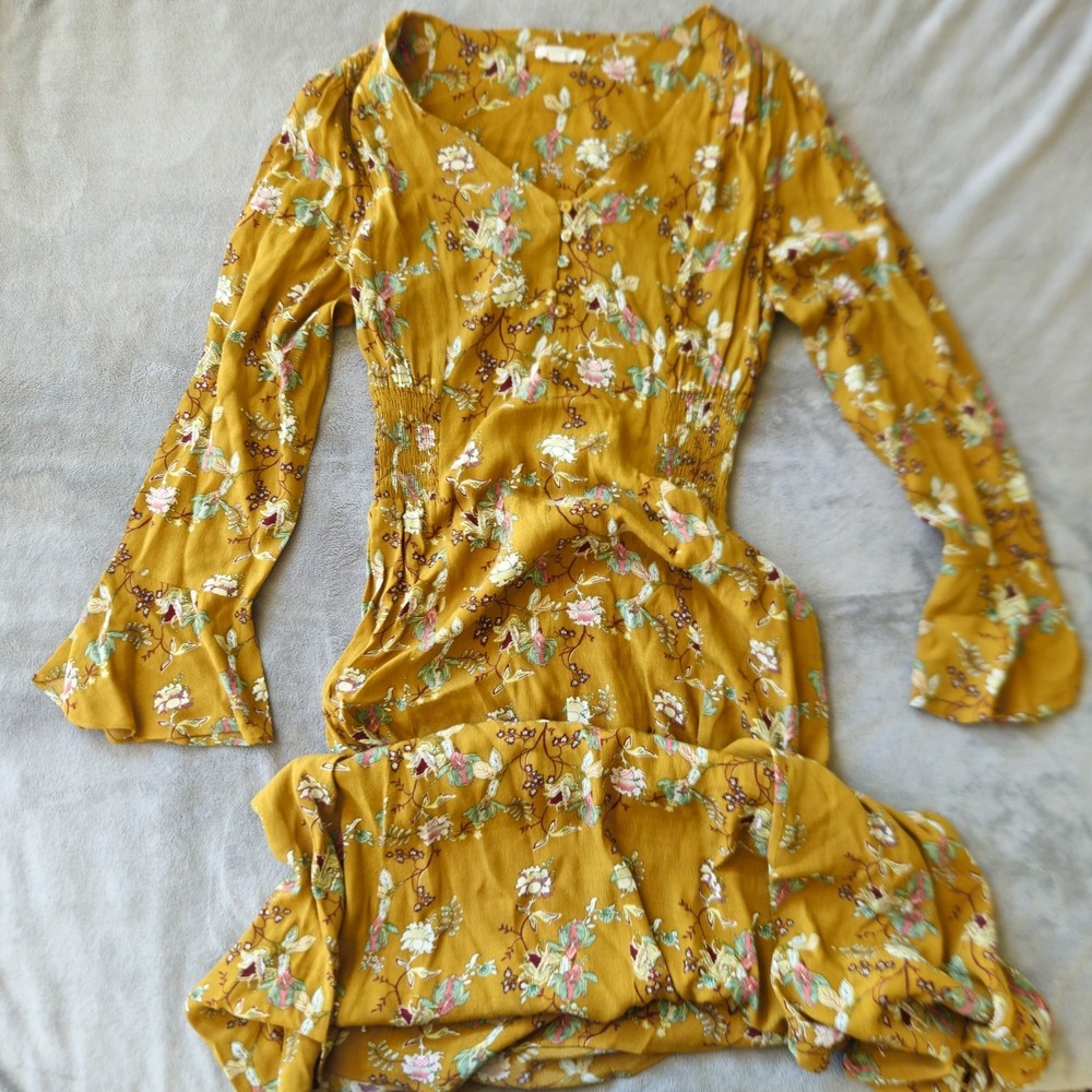Whimsy Garden Fairy Boho Maxi Size M Floral Mustard Yellow Ruffle Bell Sleeve